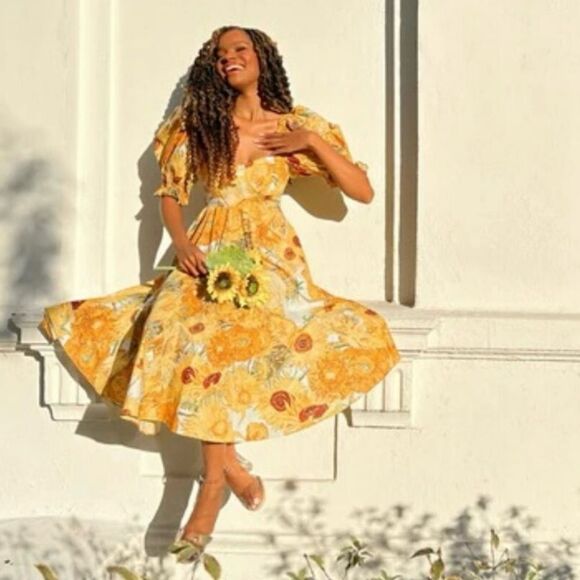 Selkie Tea Rose Dress Women’s Small Yellow Sunflower Cotton Puff Sleeve Midi - Picture 1 of 15